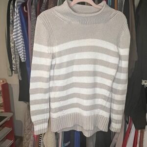 J Crew Always Striped Turtleneck Sweater Beige White Cotton Size S‎